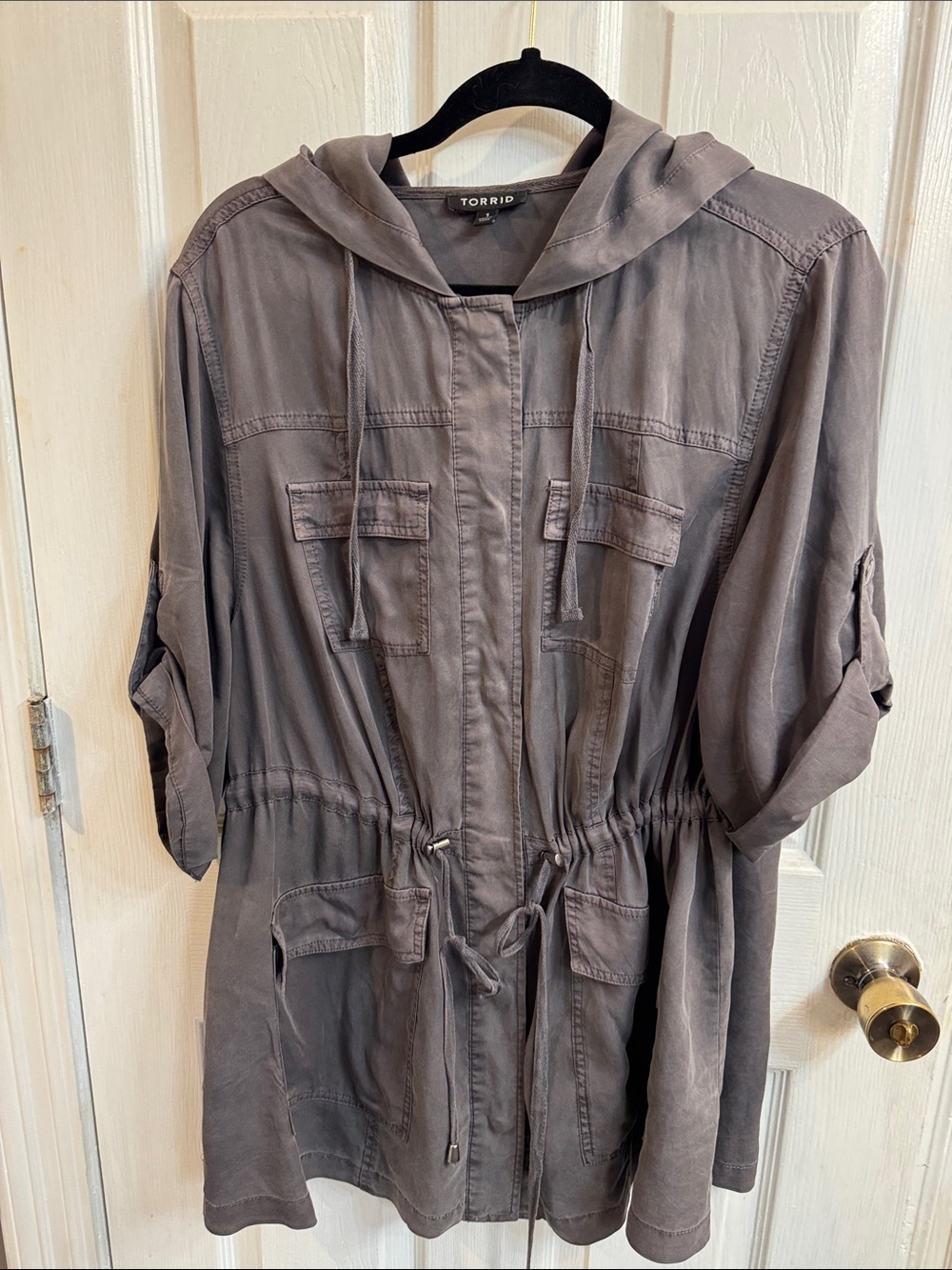 torrid Hooded Drawstring Utility Jacket in Charcoal Gray